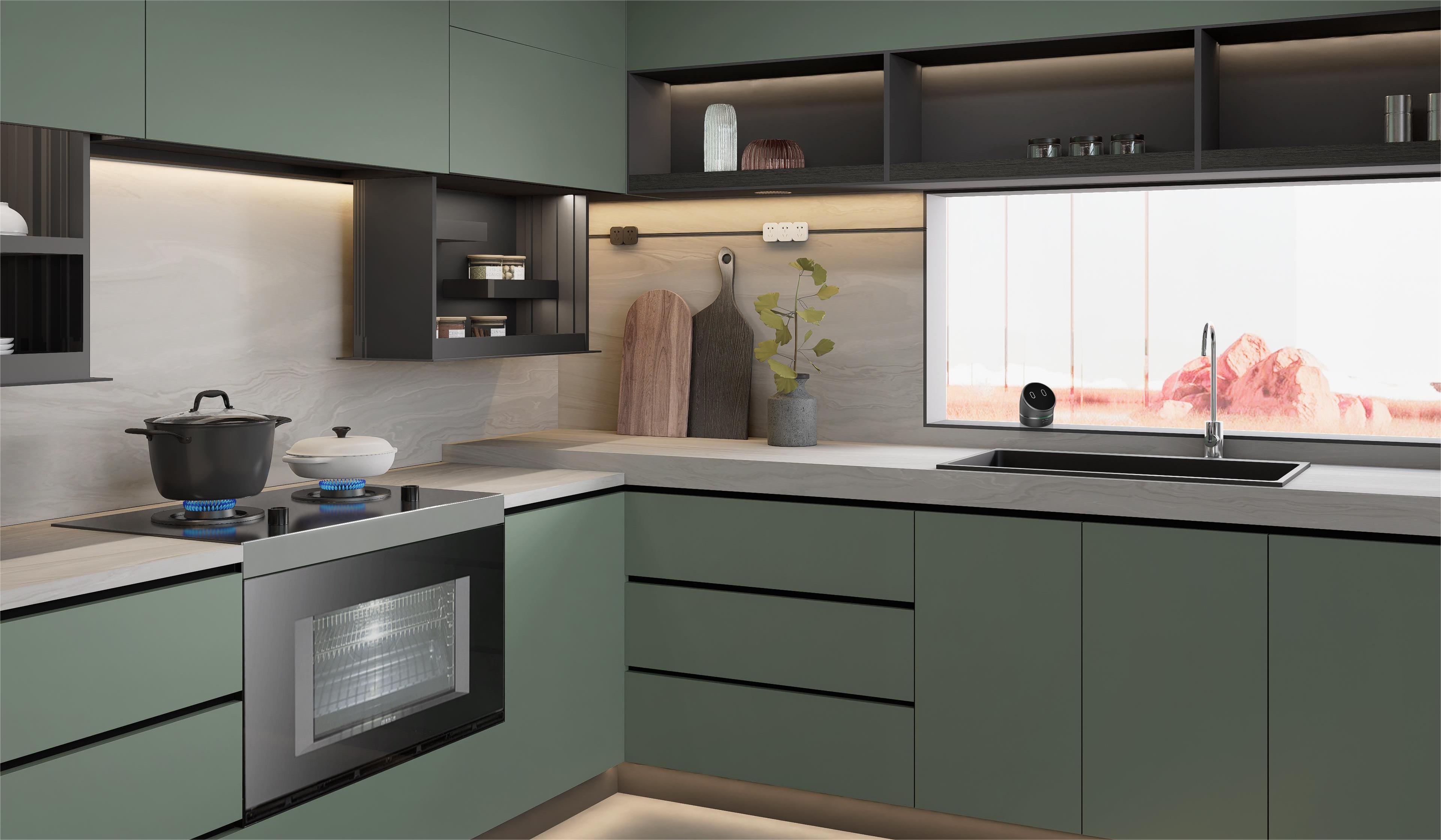 Electrical appliances are discreetly integrated into the cabinet
