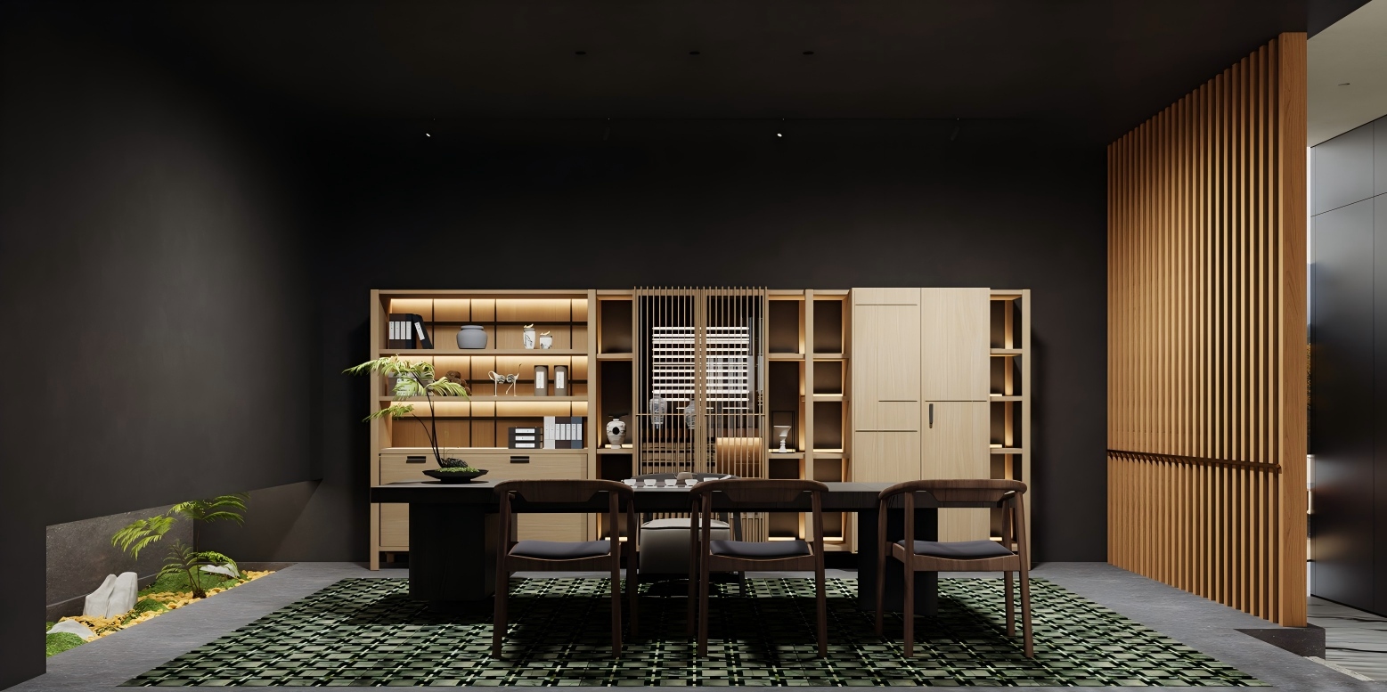 Virtual and real elements intertwine, creating an elegant ambiance in the room